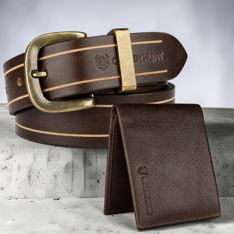 Crabby Hunt Apollo Genuine Leather Belt & Wallet Combo Set for Men – Beige Stripe Antique Buckle Belt & Dark Brown Wallet (Without Coin Pocket)