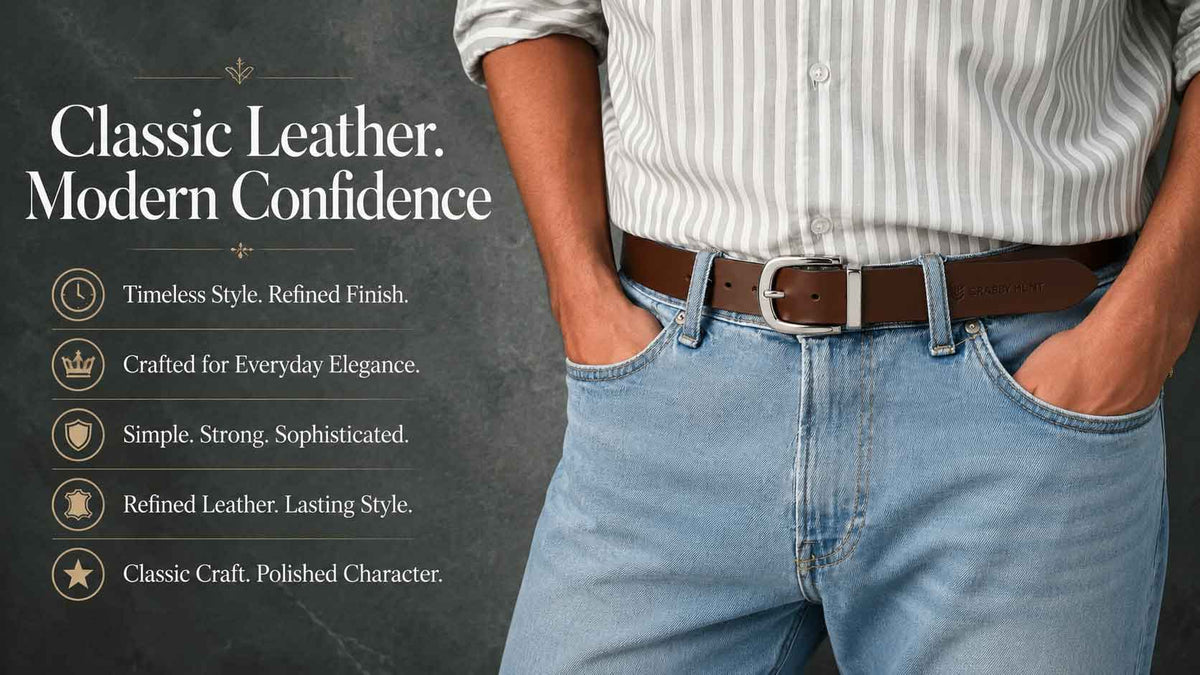 Crabby Hunt Premium Smooth Brown Leather Belt with Gunmetal Round Buckle & High-Shine Metal