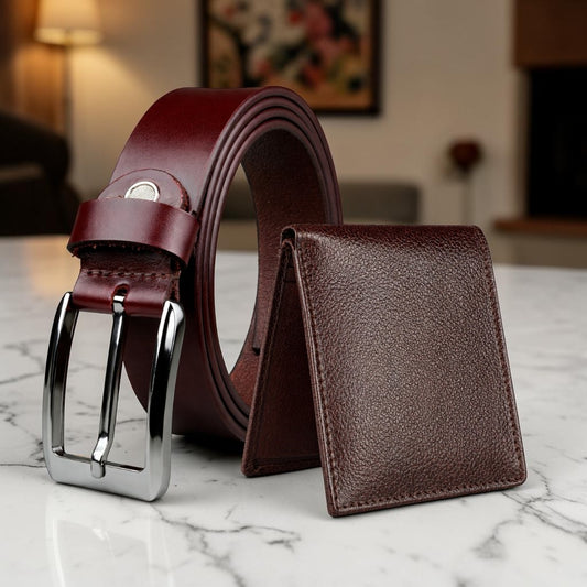 Men’s Oil Pull-Up Leather Wallet & Belt Combo | Classic Bi-Fold Wallet + Vintage Brown Formal Belt | Premium Gift Set