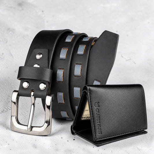 Crabby Hunt Premium Braided Leather Belt & Trifold Wallet Combo for Men | Black Belt & Black Wallet Gift Set