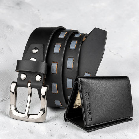 Crabby Hunt Premium Braided Leather Belt & Trifold Wallet Combo for Men | Black Belt & Black Wallet Gift Set
