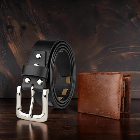 Crabby Hunt Premium Leather Belt & Wallet Combo – Black Braided Belt with Brown Men's Wallet (Without Coin Pocket) | Gift Set