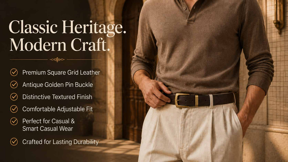 Crabby Hunt Premium Brown Leather Belt with Square Grid Texture & Golden Buckle | Formal & Casual Men's Belt