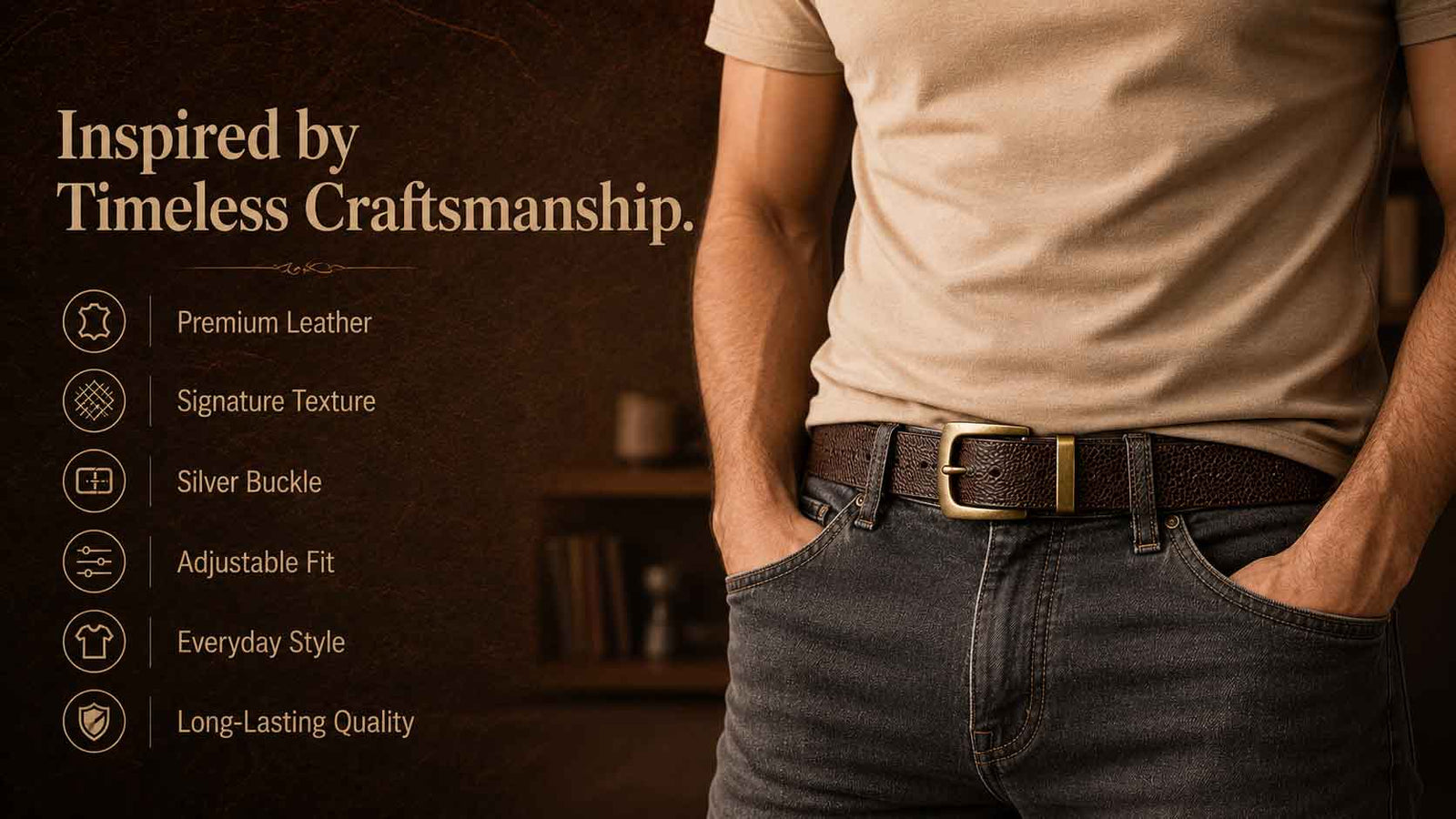 Crabby Hunt Men's Genuine Leather Casual Belt – Oil Pull-Up Leather with Antique Brass Buckle