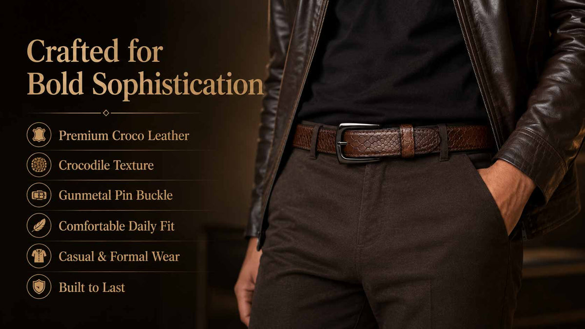 Brown Croco Embossed Genuine Leather Belt with Gun Metal Buckle | Premium Men's Formal & Casual Belt