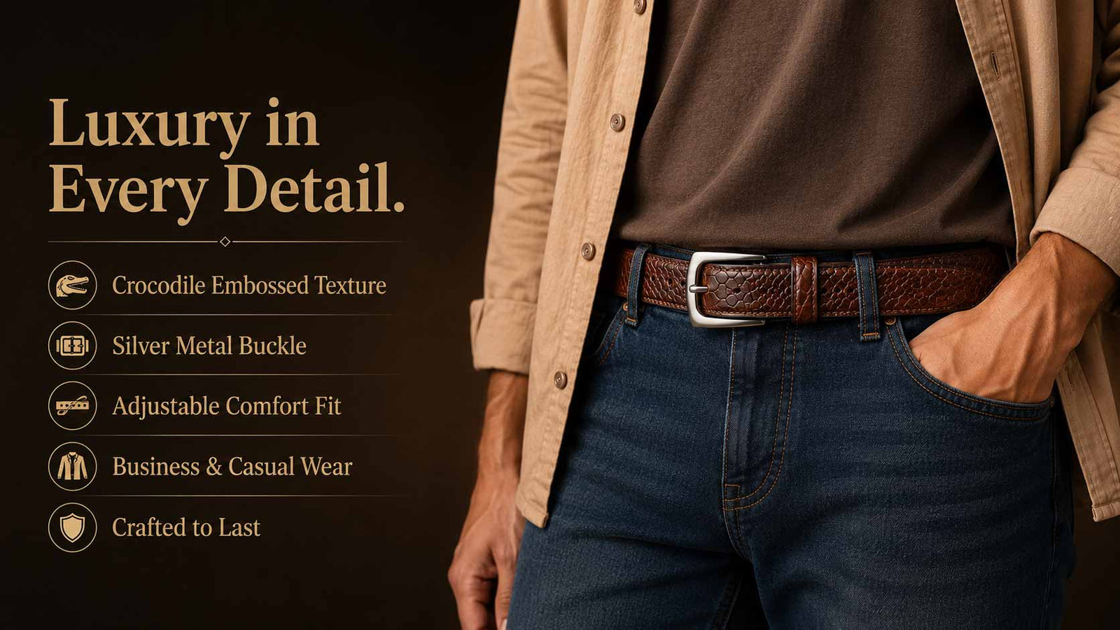 Brown Croco Embossed Genuine Leather Belt with Silver Buckle | Premium Men's Formal & Casual Belt