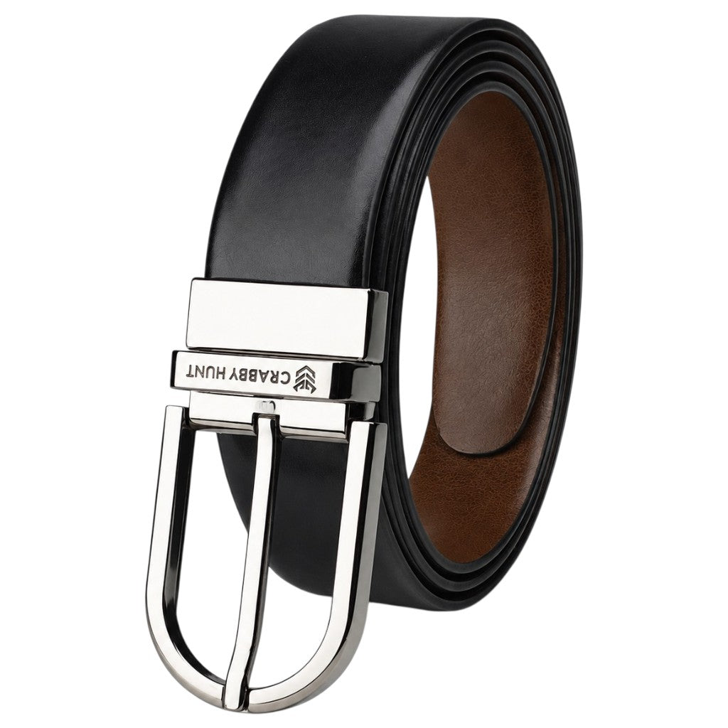 Crabby Hunt Men's Reversible Genuine Leather Belt with Metro Silver Round Buckle | Black & Brown Formal Belt