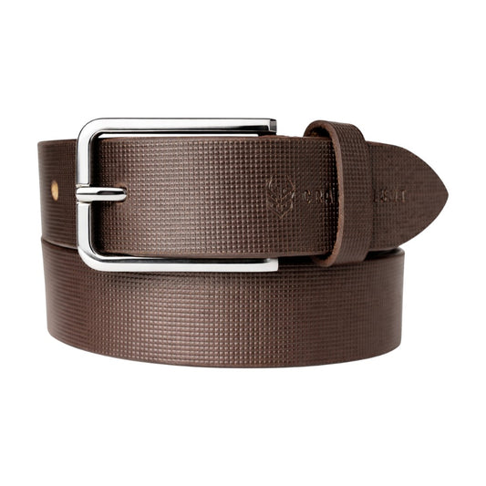 Crabby Hunt Men’s Genuine Leather Formal Belt – Brown Square Grid Textured Belt with Silver Metal Buckle