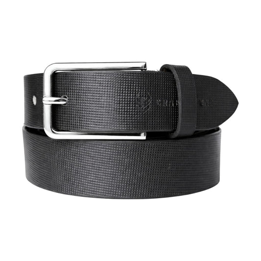 Crabby Hunt Men’s Genuine Leather Belt – Black Square Grid Textured Belt with Metal Buckle