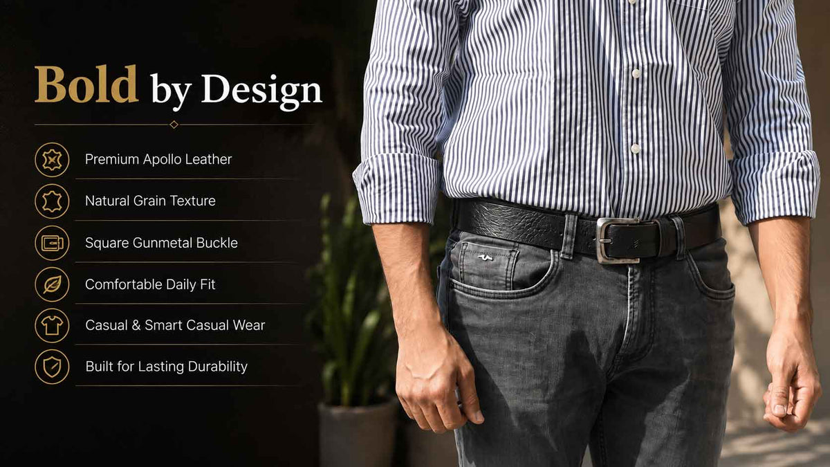 Crabby Hunt Men's Genuine Leather Belt – Black Apollo Strap with Gunmetal Square Buckle | Formal & Casual Belt