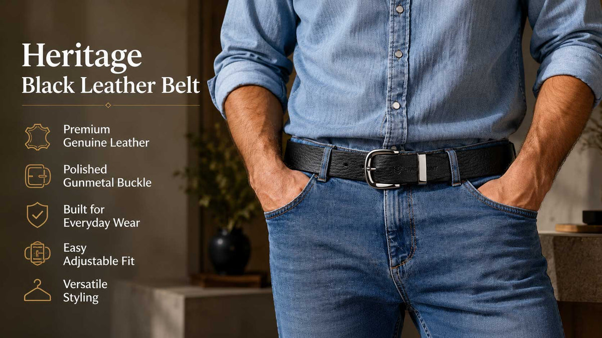 Crabby Hunt Men's Genuine Leather Belt – Black Apollo Strap with Gunmetal Round Buckle | Formal & Casual Belt