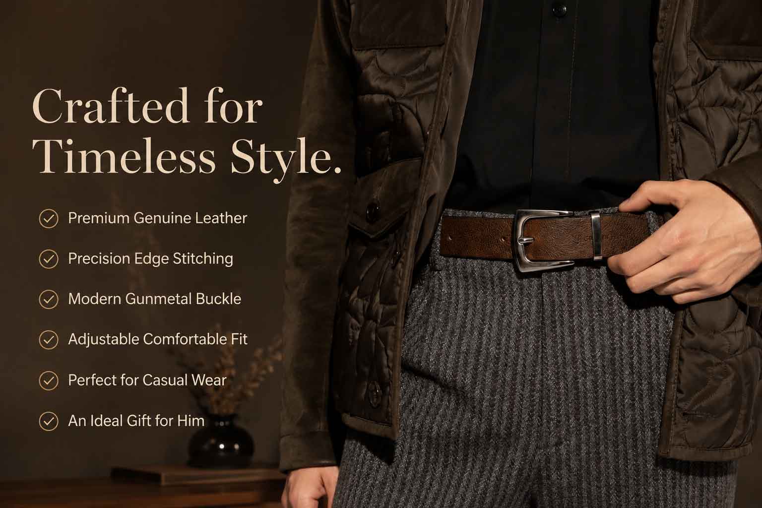 Crabby Hunt Men's Genuine Leather Casual Belt – Oil Pull-Up Leather with Gunmetal Buckle