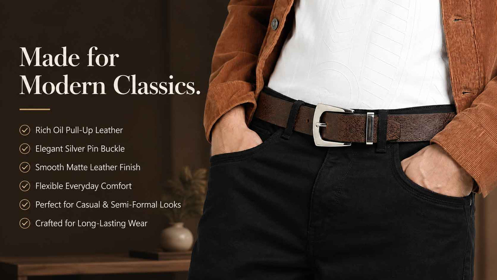 Crabby Hunt Men's Genuine Leather Casual Oil Pull-Up Belt with Silver Buckle