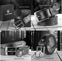 Genuine Classic Black Leather Belt with Brushed Metal Buckle