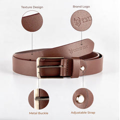 Genuine Classic Brown Leather Belt with Silver Metal Buckle