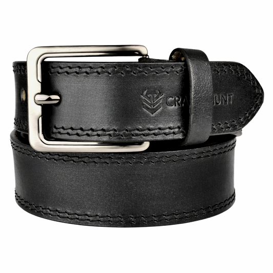 Genuine Classic Black Leather Belt with Brushed Metal Buckle