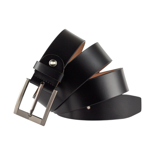 CRABBY HUNT Classic Black Leather Belt – 3.8 cm Wide | Genuine Leather | Silver-Tone Buckle | Formal | Business Wear for Men