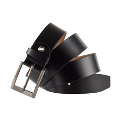 CRABBY HUNT Classic Black Leather Belt – 3.8 cm Wide | Genuine Leather | Silver-Tone Buckle | Formal | Business Wear for Men
