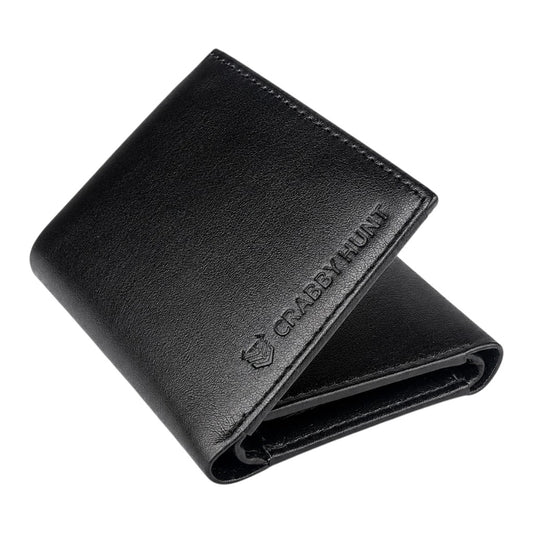 CRABBY HUNT Genuine Leather Tri-Fold Wallet for Men | Wallet with ID Window, Coin Pocket & Card Slots – Black