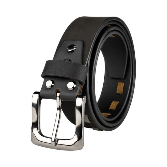 Crabby Hunt Black Genuine Leather Belt for Men | Silver Pin Buckle | Modern Cut-Out Design