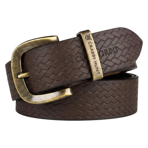 Crabby Hunt Brown Woven Pattern Leather Belt for Men – Genuine Leather, Elegant Texture, Stylish & Long-Lasting