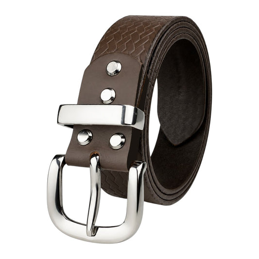 CRABBY HUNT Textured Genuine Leather Belt for Men | Premium Woven Pattern Casual Belt with Metal Pin Buckle – Brown