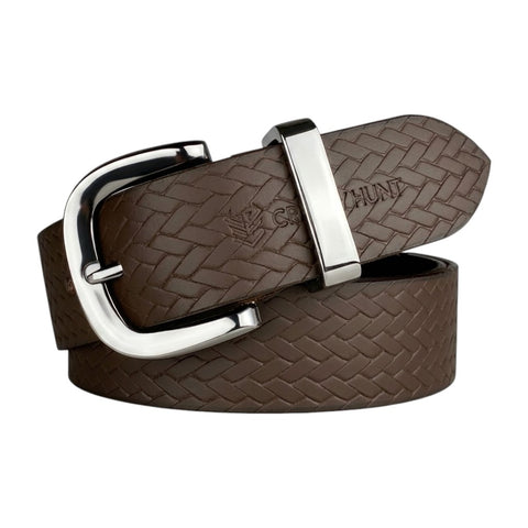 CRABBY HUNT Textured Genuine Leather Belt for Men | Premium Woven Pattern Casual Belt with Metal Pin Buckle – Brown
