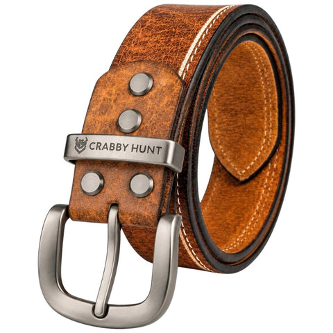 Crabby Hunt Premium Tan Leather Belt with Contrast Side Stitching & Grey Round Buckle
