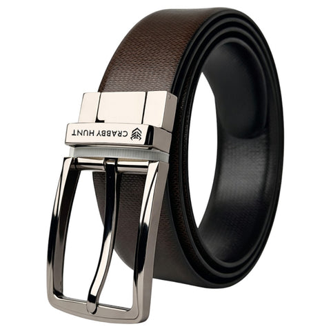 Crabby Hunt Reversible Men’s Leather Belt – Dual Color Black & Brown with Premium Metal Square Buckle