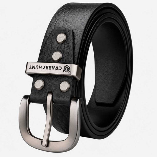 Crabby Hunt Premium Apollo Black Genuine Leather Belt with Grey Round Buckle