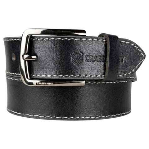 Crabby Hunt Black Leather Belt for Men – Premium Genuine Leather with Thread Stitch Design, Formal & Casual