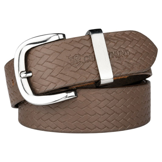 CRABBY HUNT Textured Genuine Leather Belt for Men | Premium Woven Pattern Casual Belt with Metal Pin Buckle – Brown