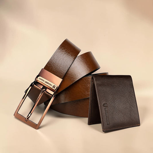 Crabby Hunt Apollo Square Choco Buckle Leather Belt & Dark Brown Wallet Combo for Men | Premium Gift Set