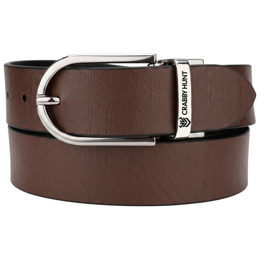 Crabby Hunt Men's Reversible Italian Leather Belt | Black & Brown Dual Color | Premium Silver Pin Buckle | Genuine Leather Belt for Men | 35 mm
