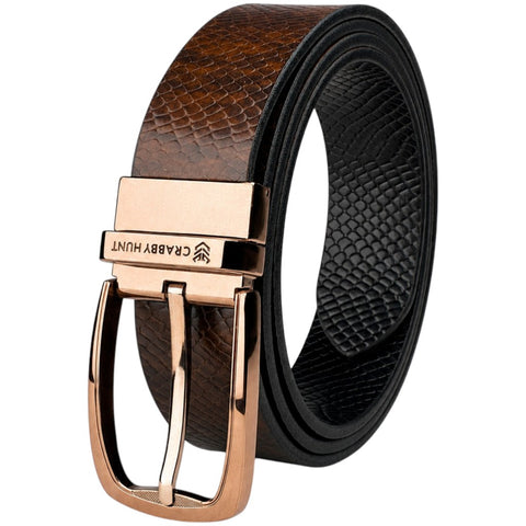 Crabby Hunt Men's Reversible Italian Leather Belt | Black & Brown Snake Texture | Premium Rose Gold Pin Buckle | Genuine Leather Belt for Men