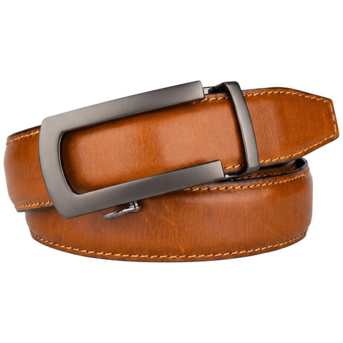 Crabby Hunt Men's Genuine Leather Auto Lock Belt – Choco Brown | Grey Ratchet Buckle | 35mm Formal Belt