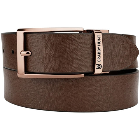 Men's Genuine Leather Belt | Textured Brown Leather Belt with Rose Gold Buckle | Crabby Hunt