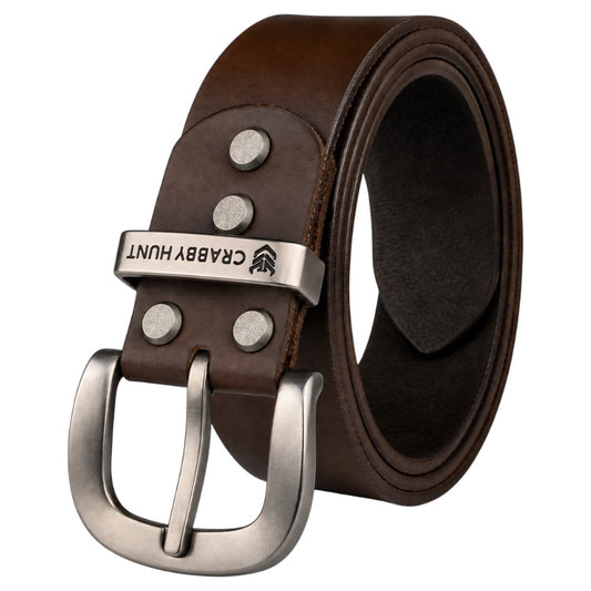 Crabby Hunt Classic Brown Leather Belt with Grey Round Buckle