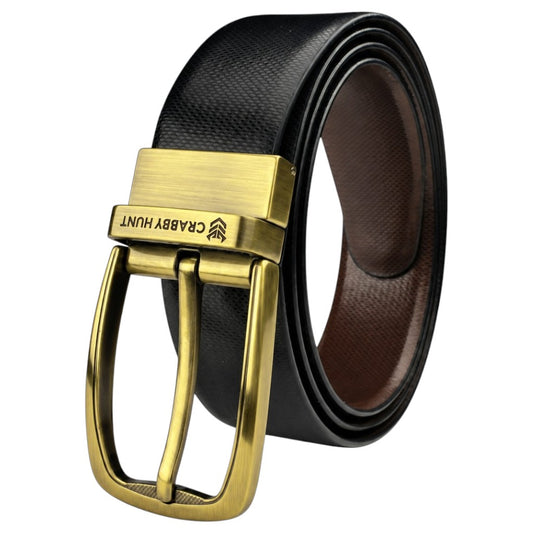 Men’s Brown & Black Reversible Genuine Leather Belt – Textured Formal Belt with Antique Gold Buckle