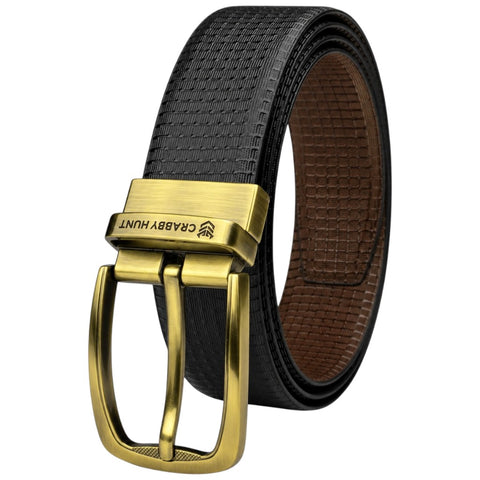 Crabby Hunt Men’s Reversible Genuine Leather Belt – Black & Tan Grid Texture with Antique Gold Buckle