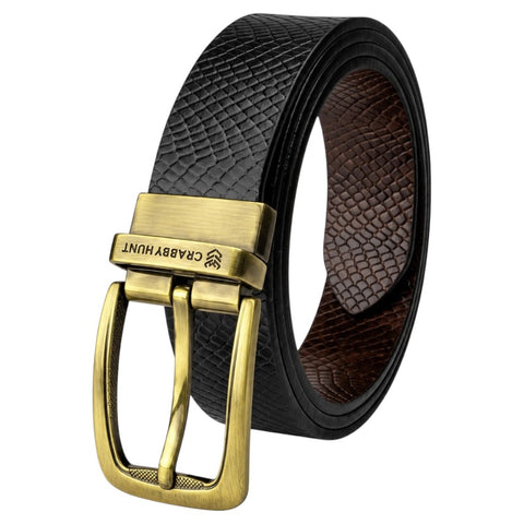 Crabby Hunt Men’s Reversible Genuine Leather Belt – Black & Brown Snake Texture with Antique Gold Buckle
