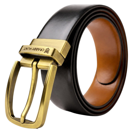 Crabby Hunt Men’s Reversible Genuine Leather Belt – Black & Tan Brown Smooth Finish with Antique Gold Buckle