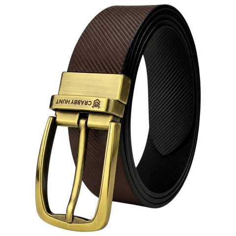 Men’s Black & Brown Reversible Genuine Leather Belt – Textured Formal Belt with Antique Gold Buckle