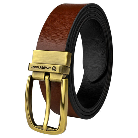 Men’s Black & Tan Reversible Genuine Leather Belt – Embossed Formal Belt with Antique Gold Buckle