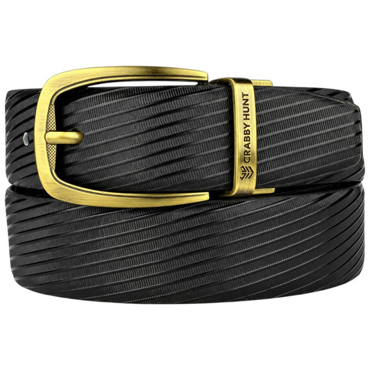 Crabby Hunt Men’s Reversible Genuine Leather Belt – Black & Brown Linear Texture with Antique Gold Buckle