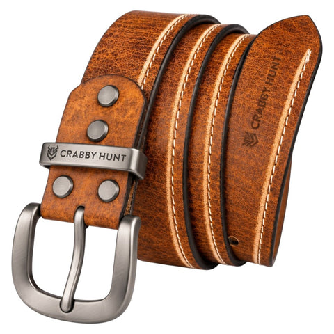 Crabby Hunt Premium Tan Leather Belt with Contrast Side Stitching & Grey Round Buckle