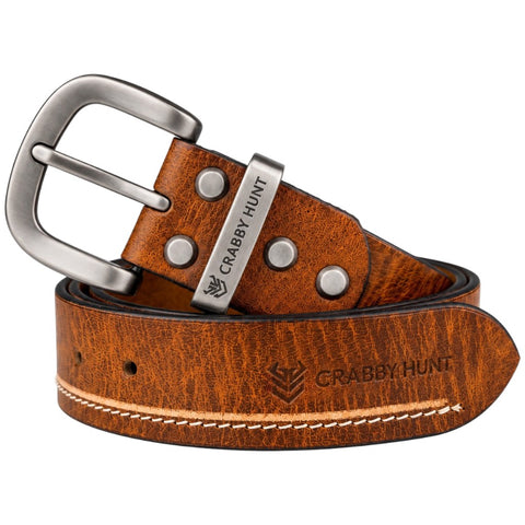 Crabby Hunt Premium Tan Leather Belt with Contrast Side Stitching & Grey Round Buckle