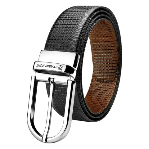 Crabby Hunt Men's Reversible Genuine Leather Belt with Apex Silver Round Buckle | Black & Brown Formal Belt