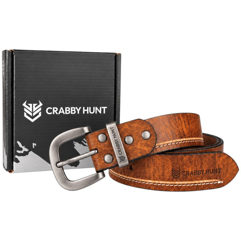 Crabby Hunt Premium Tan Leather Belt with Contrast Side Stitching & Grey Round Buckle