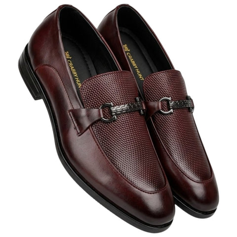 Men’s Wine Leather Textured Loafers – Metal-Detail Formal Slip-Ons